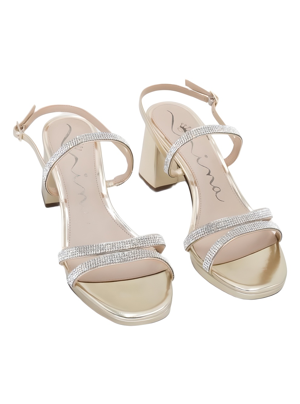 Nina Berna-YY Rhinestone Strappy Block Heel Sandals Platino Size 9.5